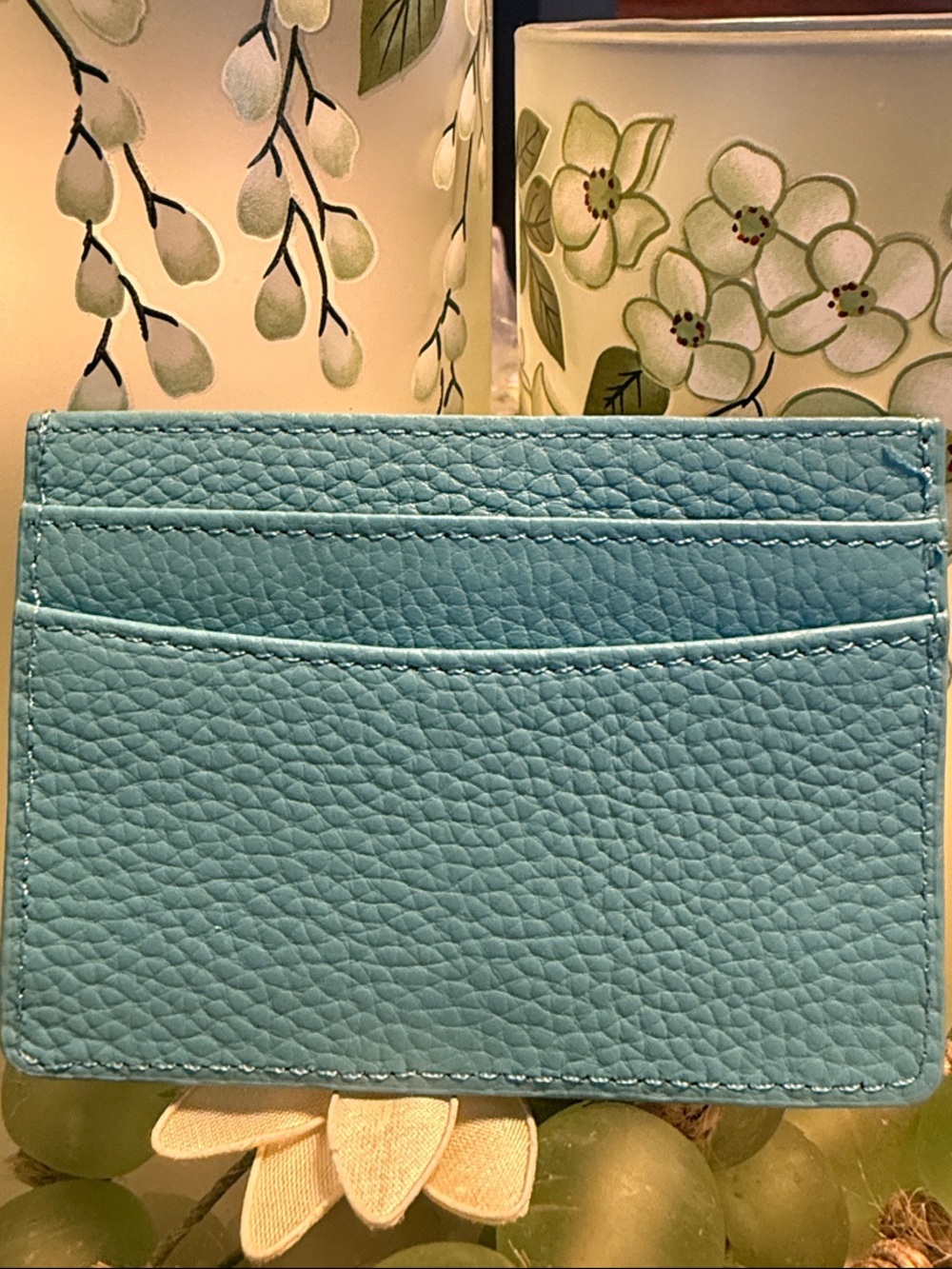 Pom Pom London Aqua Blue Leather Card Holder - Picture 2 of 2